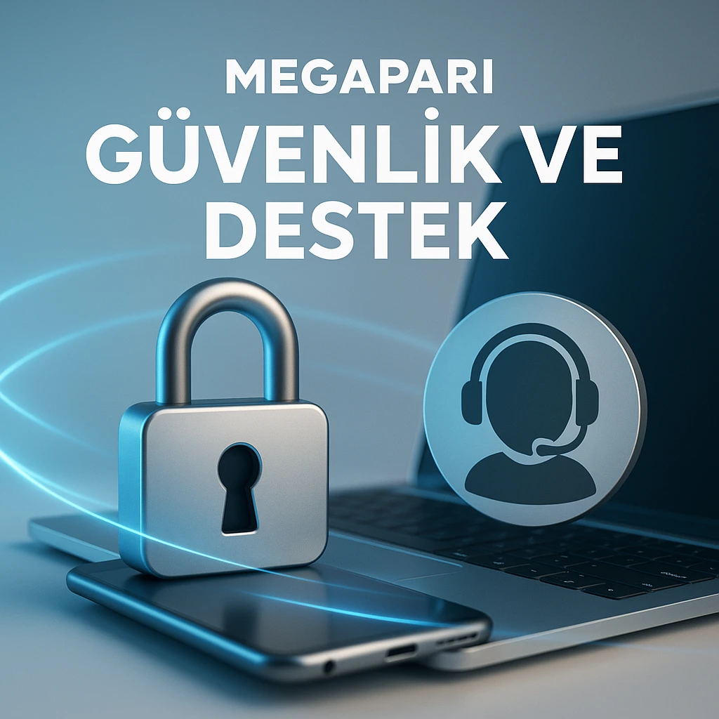 Laptop ve kilit simgesiyle güvenlik ve destek görseli