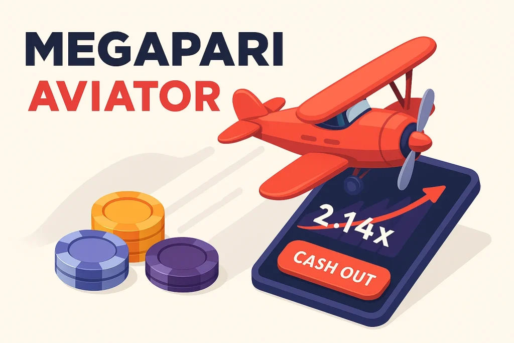 Megapari Aviator’da kırmızı uçak, Cash Out butonu ve yükselen çarpan grafiği