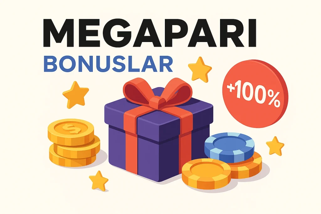Megapari Bonuslar için hediye kutusu, fişler ve yıldızlarla hazırlanmış renkli casino illüstrasyonu